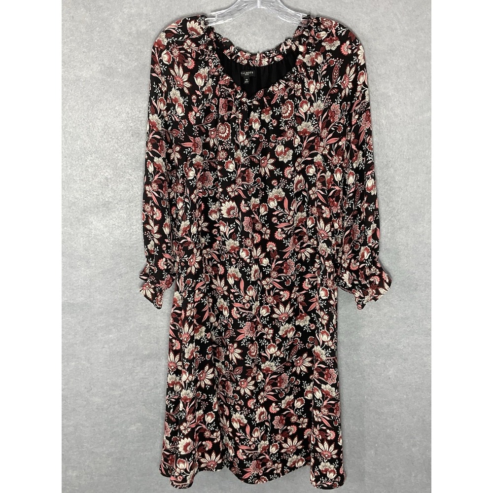 Talbots Dress Womens Petite M Dark Floral Print 3/4 Sleeve Pleated Romantic Boho